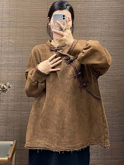 Chinese Button Worn Thick Sweatshirt