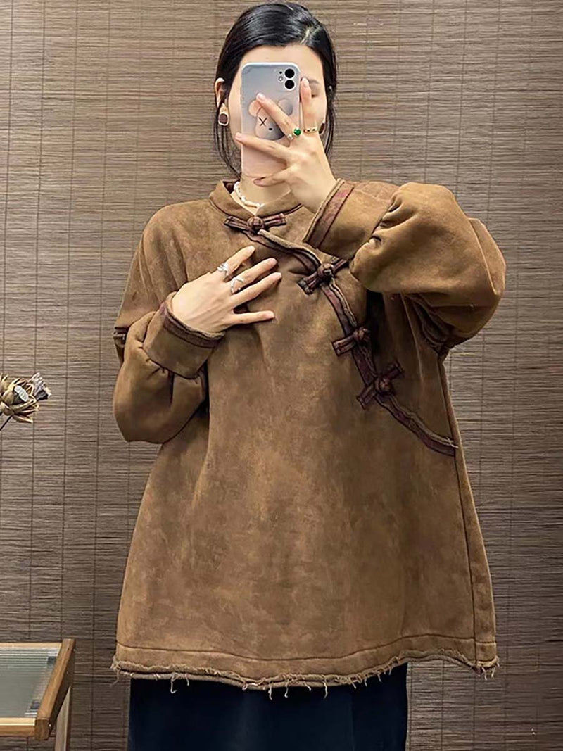 Chinese Button Worn Thick Sweatshirt