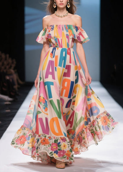 Beige Cold Shoulder Print Chiffon Beach Dress Summer