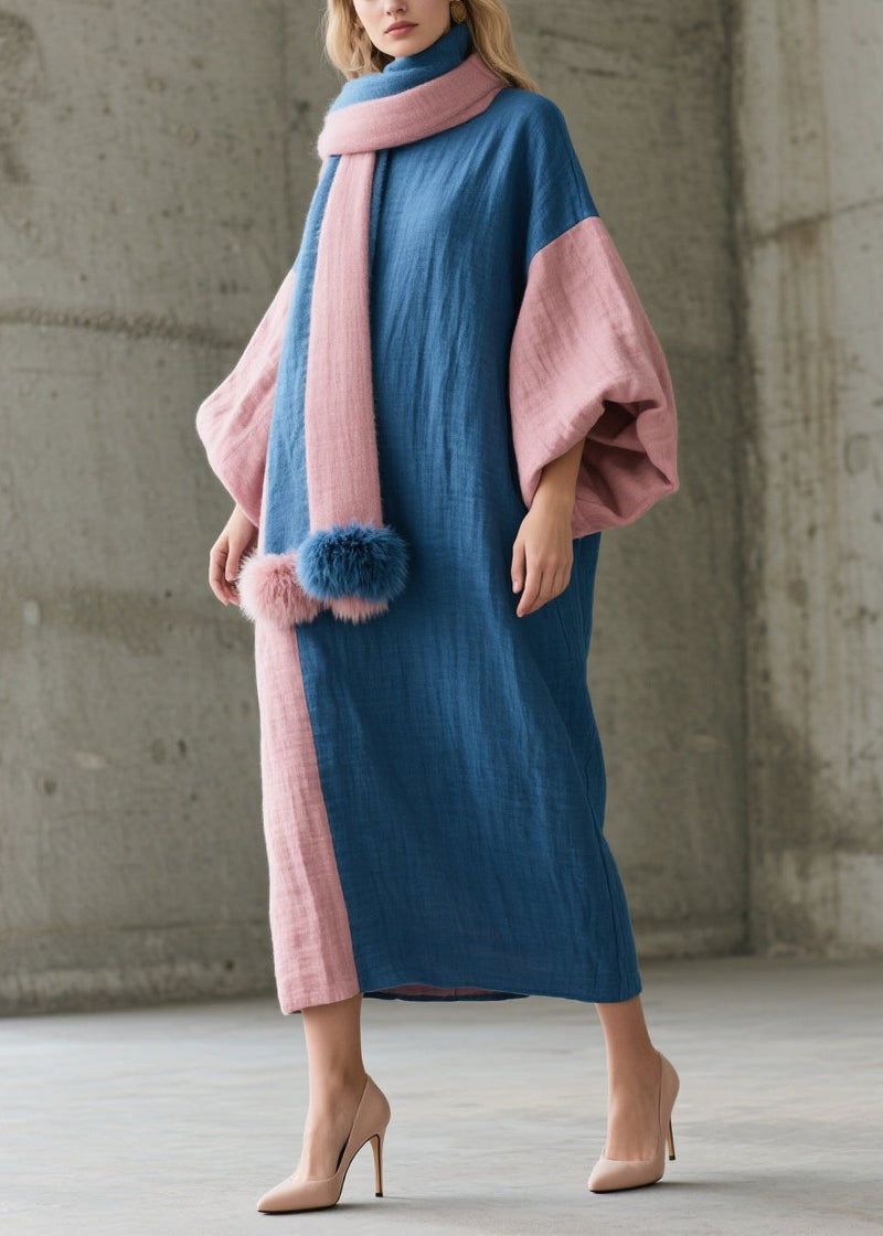 Colorblock O Neck Patchwork Cotton Robe Dresses Fall