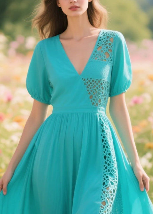 Blue Hollow Out Patchwork Cotton Long Dresses Summer