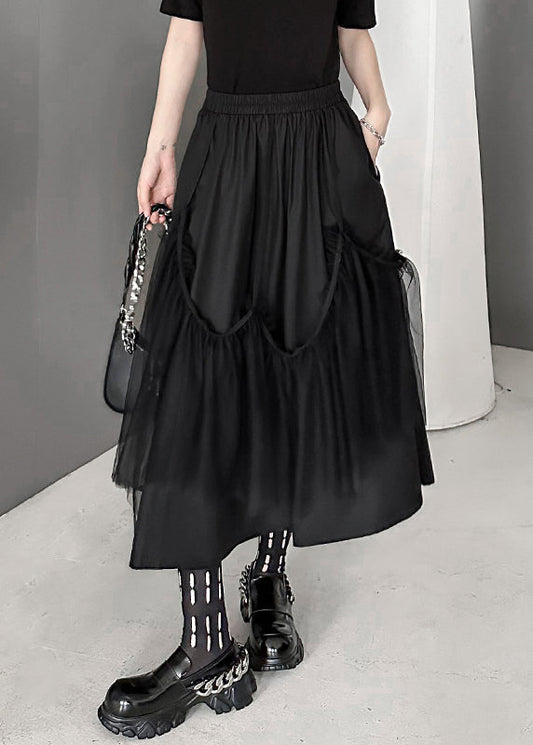 Black Wrinkled Pockets Elastic Waist Tulle Patchwork Skirts Fall