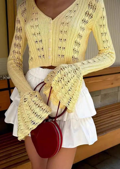 White Hollow Out Knit Shirts Flare Sleeve