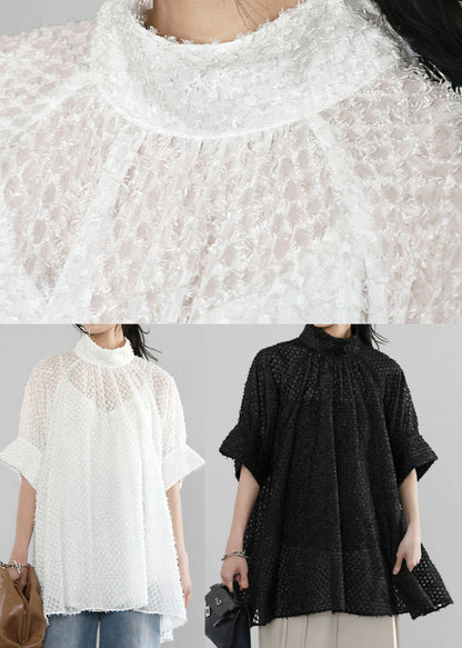 White Hollow Out Tulle a Line Tops Stand Collar Summer