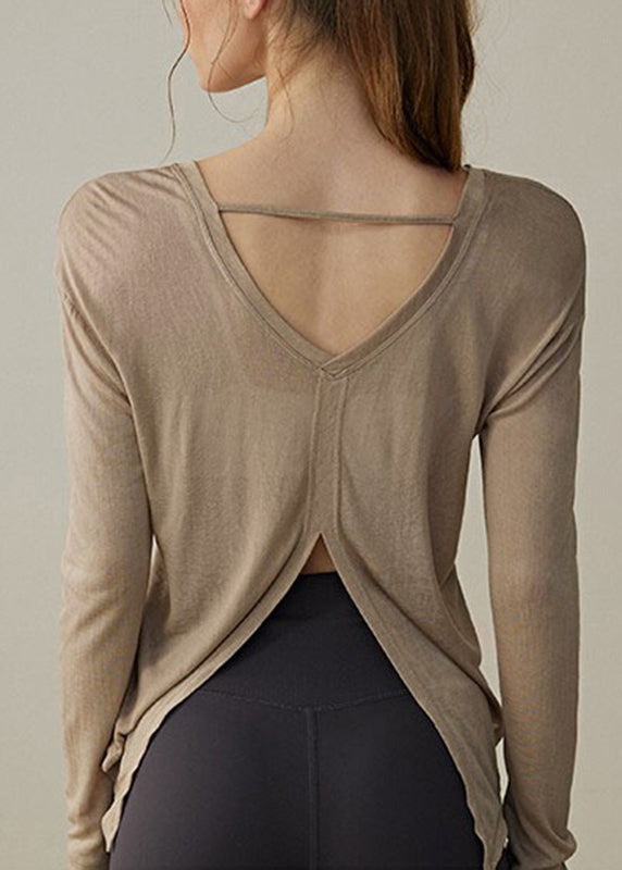 Unique Brown O-neck Asymmetrical Yoga Top