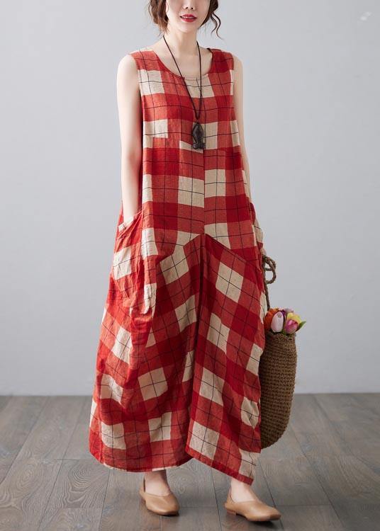Natural Red Plaid Sleeveless Pockets Summer Dress