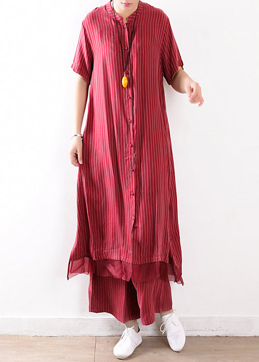Red Striped Silk Shirt Dress and Elastic Waist Wide Leg Pants Two Pieces