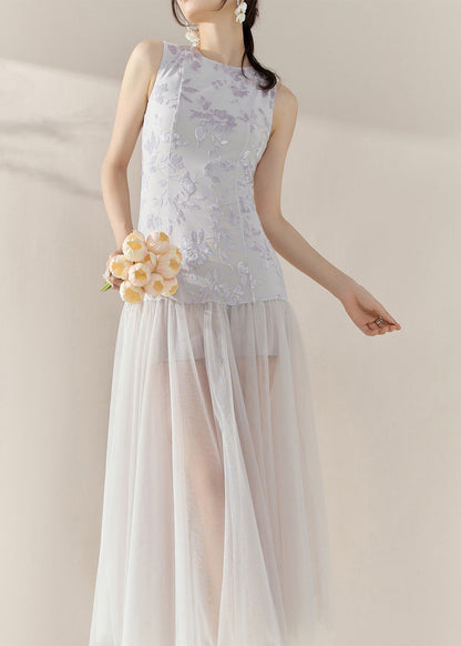 Natural Colorblock Print Tulle Patchwork Long Dress Sleeveless