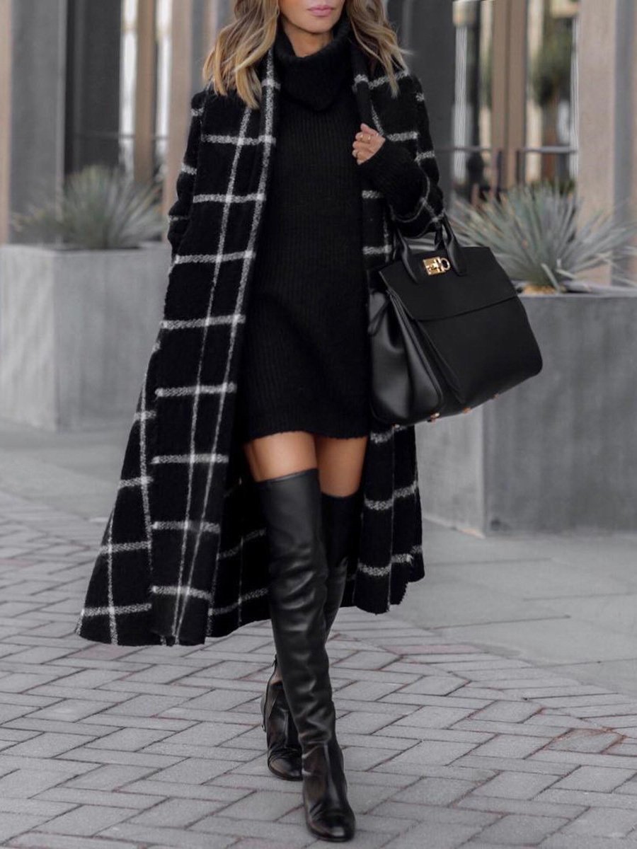 Coats Lapel Pocket Belted Plaid Woolen Coat