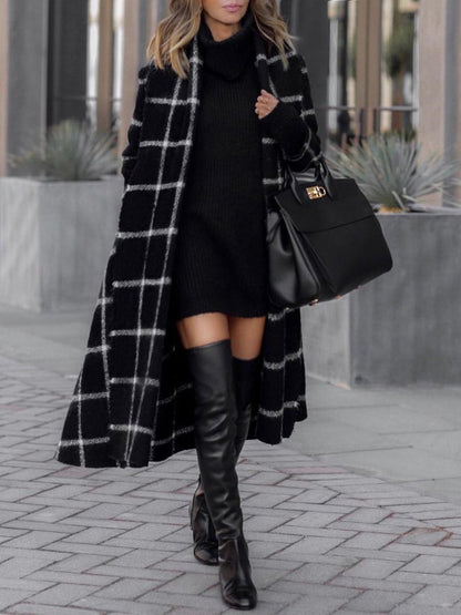 Coats Lapel Pocket Belted Plaid Woolen Coat