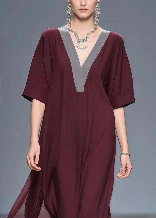 Mulberry V Neck Patchwork Chiffon Long Dress Summer