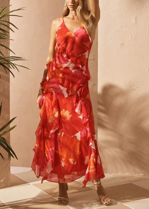 Red V Neck Ruffled Print Chiffon Spaghetti Strap Dress Sleeveless
