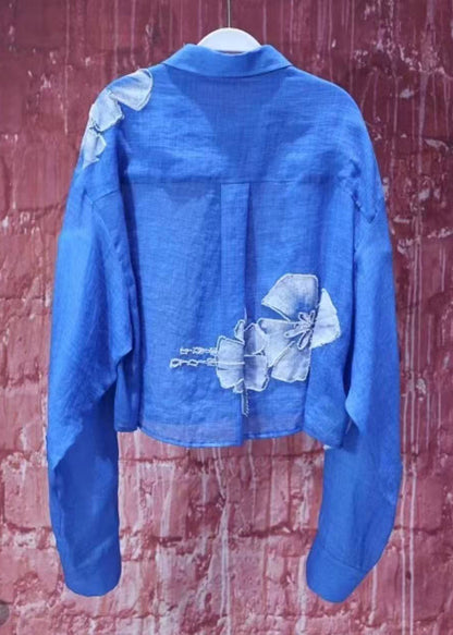 Modern Blue Peter Pan Collar Cotton Blouses Fall
