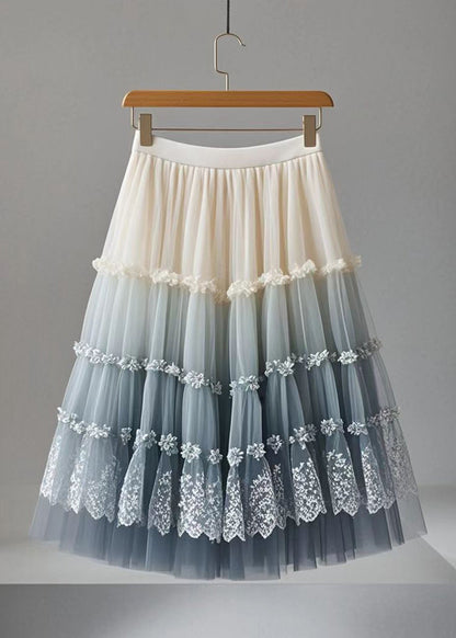 Gradient Color Ruffled Print Tulle Skirt Summer