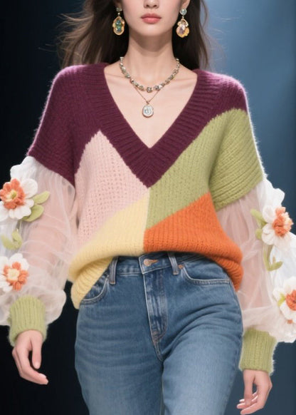 V Neck Patchwork Knit Short Sweater Fall