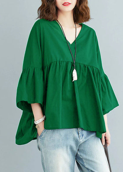 Green V Neck Patchwork Asymmetrical Design Fall Top Three Quarter Sleeve