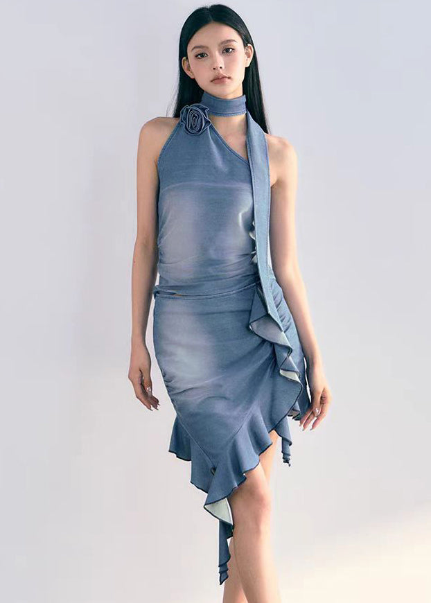 Novelty Denim Blue Asymmetrical Ruffled Patchwork Rose Top and Skirts Two Piece Set Summer