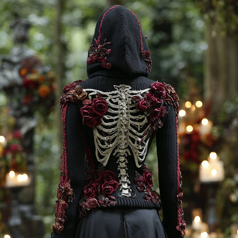 Comstylish Women's Halloween Vintage Rose And Skull Embroidery Cozy Knit Hooded Sweater