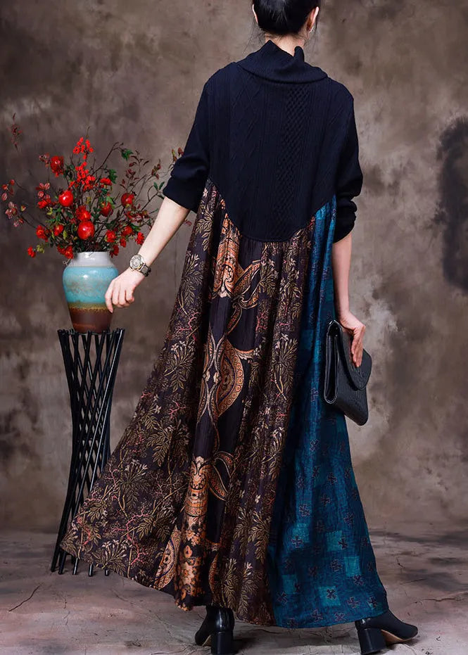 Blue Patchwork Coffee Turtleneck Print Silk Maxi Dress Long Sleeve