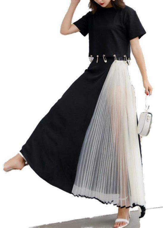 Summer Black Chiffon Maxi Skirts Patchwork Nets Yarn Beach Skirts