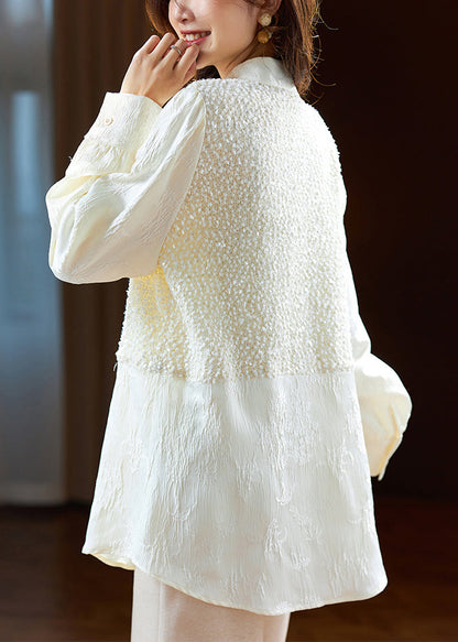 Beige Chinese Button Sequins Silk Shirt Long Sleeve