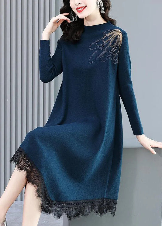 Blue High Neck Lace Patchwork Knit Sweater Dress Long Sleeve