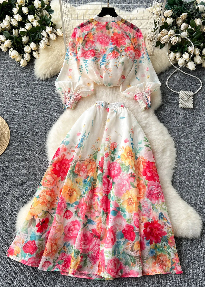 French Colorblock Print Tops and Skirts Chiffon Two Pieces Set Long Sleeve