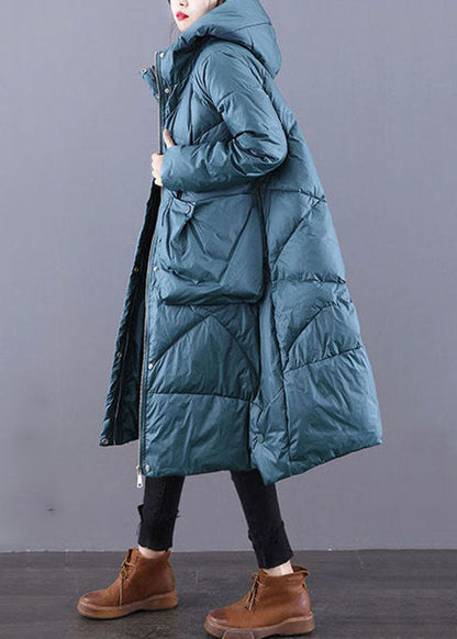 Blue Hooded Zippered Oversized Thick Cotton Blend Puffers Jackets Winter