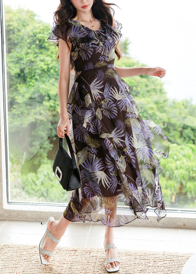 Purple V Neck Print High Waist Chiffon Dress Summer