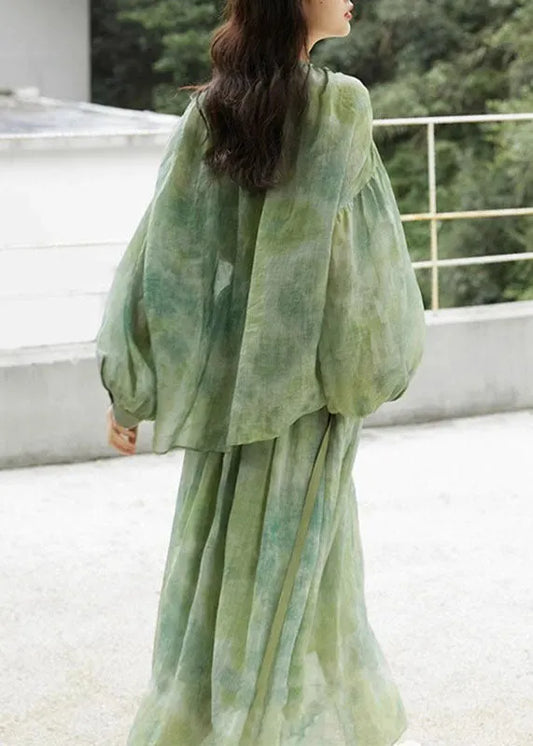 Loose Grass Green O-neck Tie Dye Button Shirts and Skirts Two Piece Set Long Sleeve
