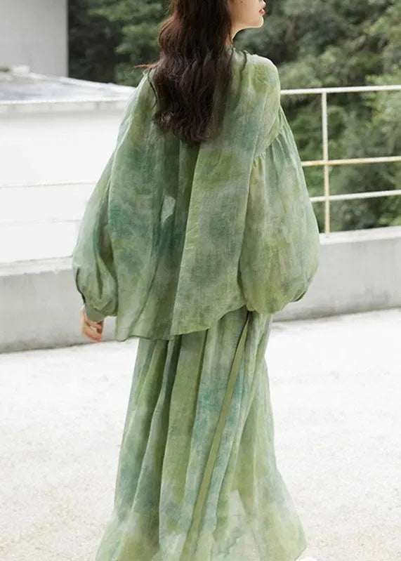 Loose Grass Green O-neck Tie Dye Button Shirts and Skirts Two Piece Set Long Sleeve