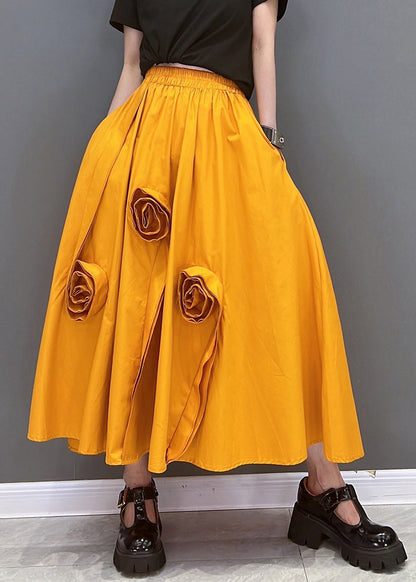 Orange Elastic Waist Pockets Cotton a Line Skirt Summer
