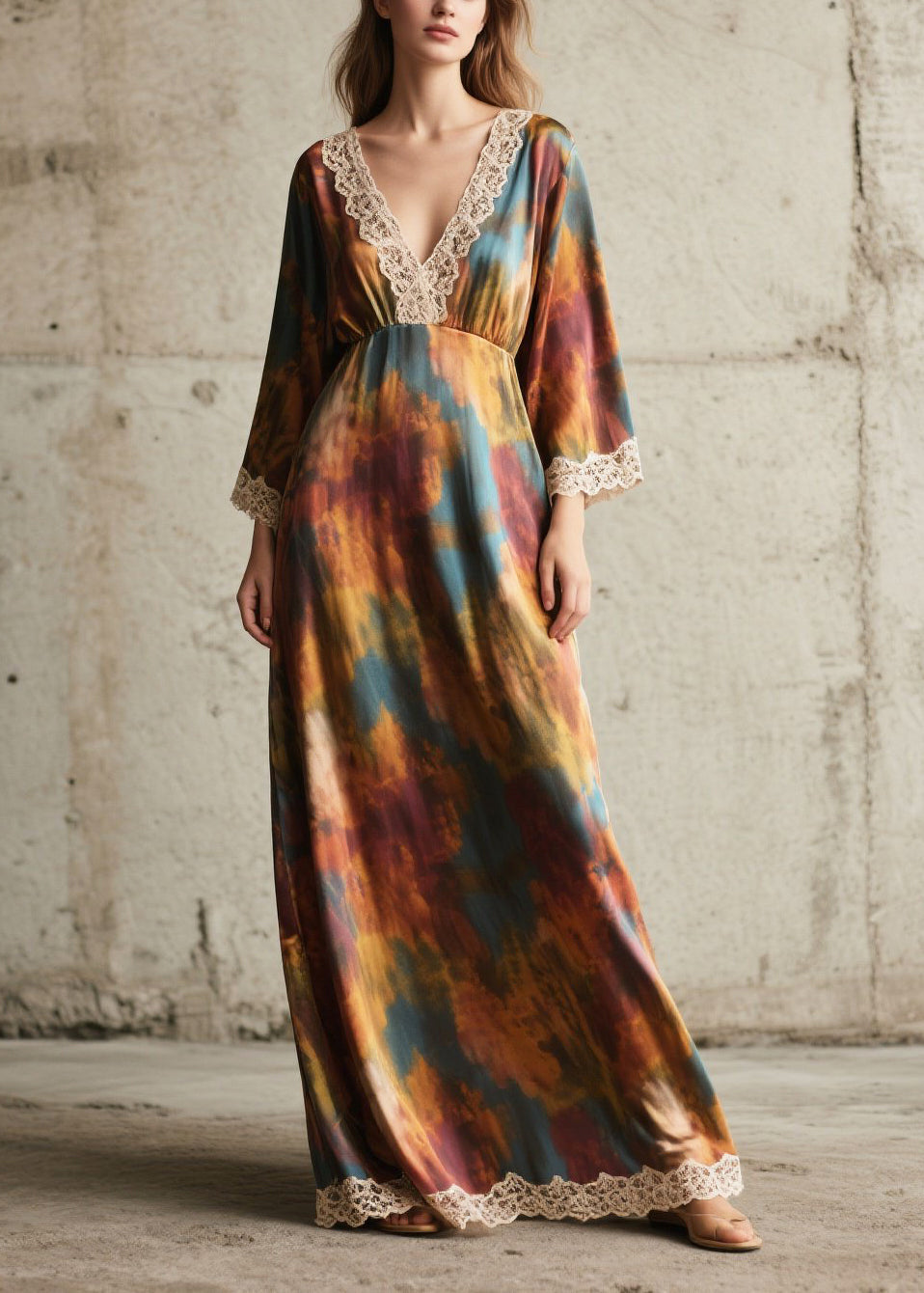 Tie Dye Lace Patchwork Chiffon Robe Dresses Fall