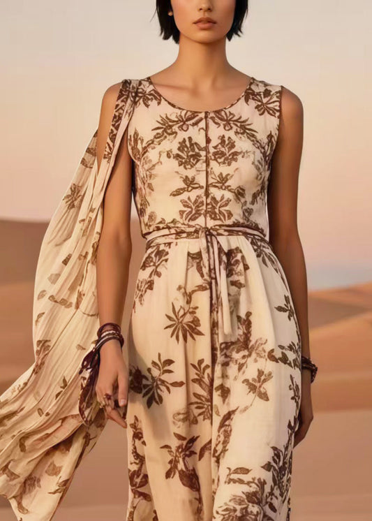 Khaki Asymmetrical Print Cotton Holiday Dresses Summer
