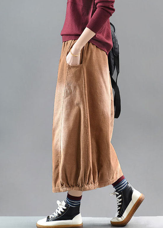 Brown Elastic Waist Corduroy Cotton Skirt Spring