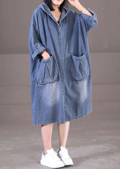 Denim Blue Hooded Pockets Cotton Long Dress Long Sleeve