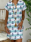 Women'S Boat Sight Print V Neck Short Sleeve Dress