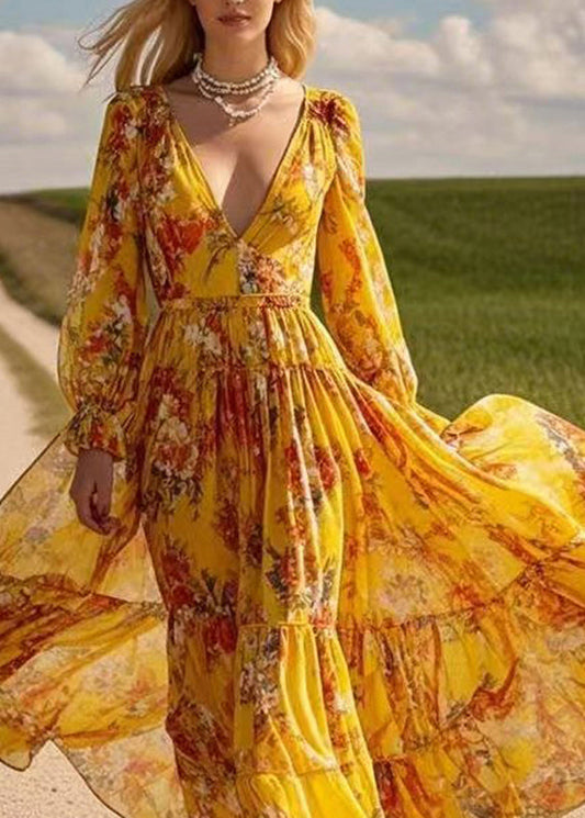 Yellow Patchwork Wrinkled Chiffon Maxi Dress Spring