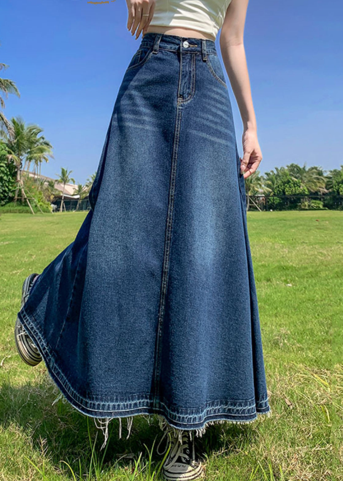 Modern Blue Pockets High Waist Patchwork Denim a Line Skirts Summer