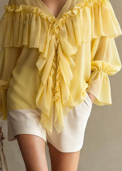 Yellow Ruffled Button Chiffon Shirt Tops V Neck Spring
