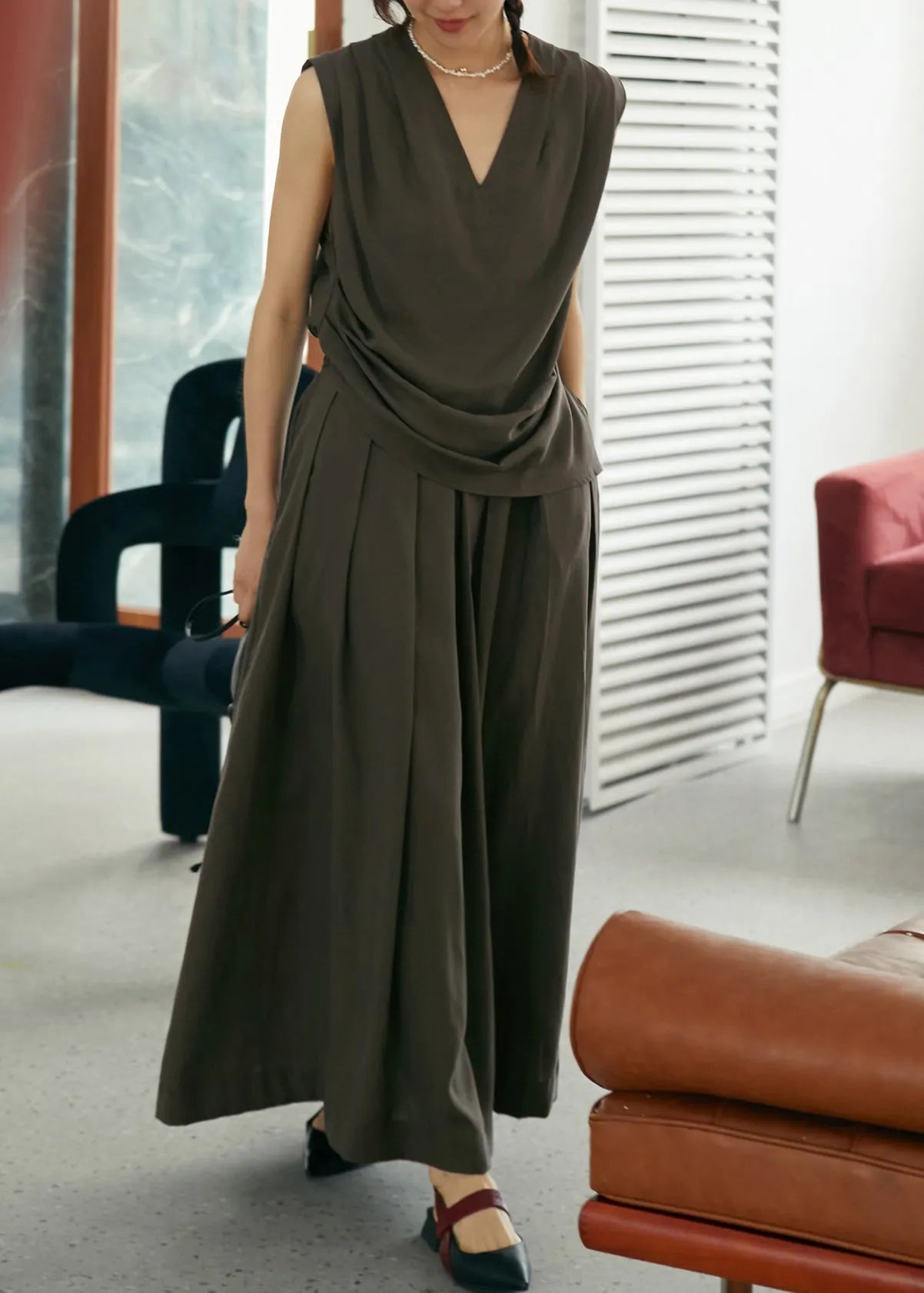 Retro Coffee V Neck Silk Tank Top and Maxi Skirts Two Piece Set Summer