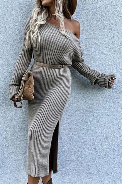 Split Joint Slit Oblique Collar Dresses Sweater (without Belt)