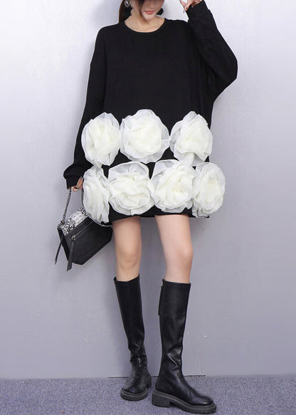 Black Decorated Cotton Mid Dresses Oversized Spring