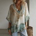 Vintage Marble Texture Collection Bohemia Women Style Gradient Gilded Pattern Linen V Neck T-shirt elevenforest