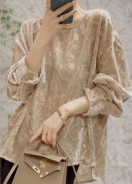 Jacquard Khaki O Neck Silk Velour Shirt Fall