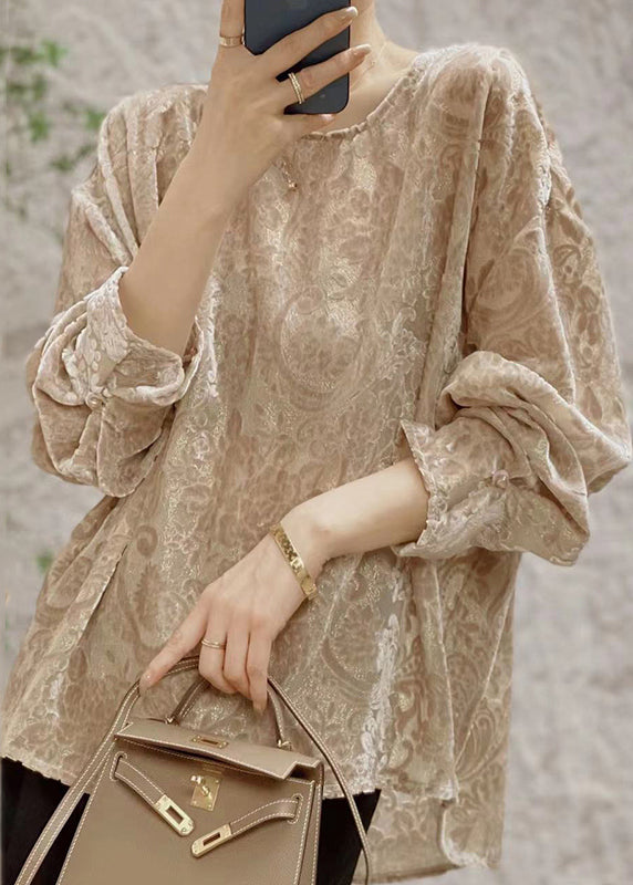 Jacquard Khaki O Neck Silk Velour Shirt Fall