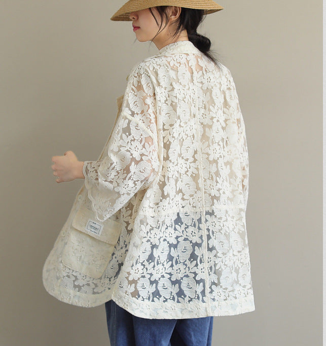 Loose Lace Embroidered Suit Collar Slim Coat
