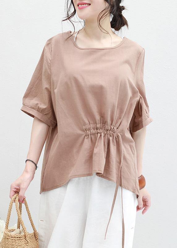 O Neck Lantern Sleeve Cotton Linen Tunic Top Neckline Khaki Summer Blouses