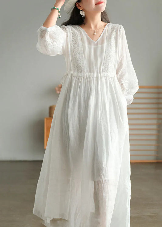 White Wrinkled Embroideried Patchwork Linen Holiday Dress Lantern Sleeve