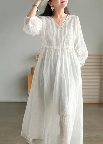 White Wrinkled Embroidered Patchwork Linen Holiday Dress Lantern Sleeve